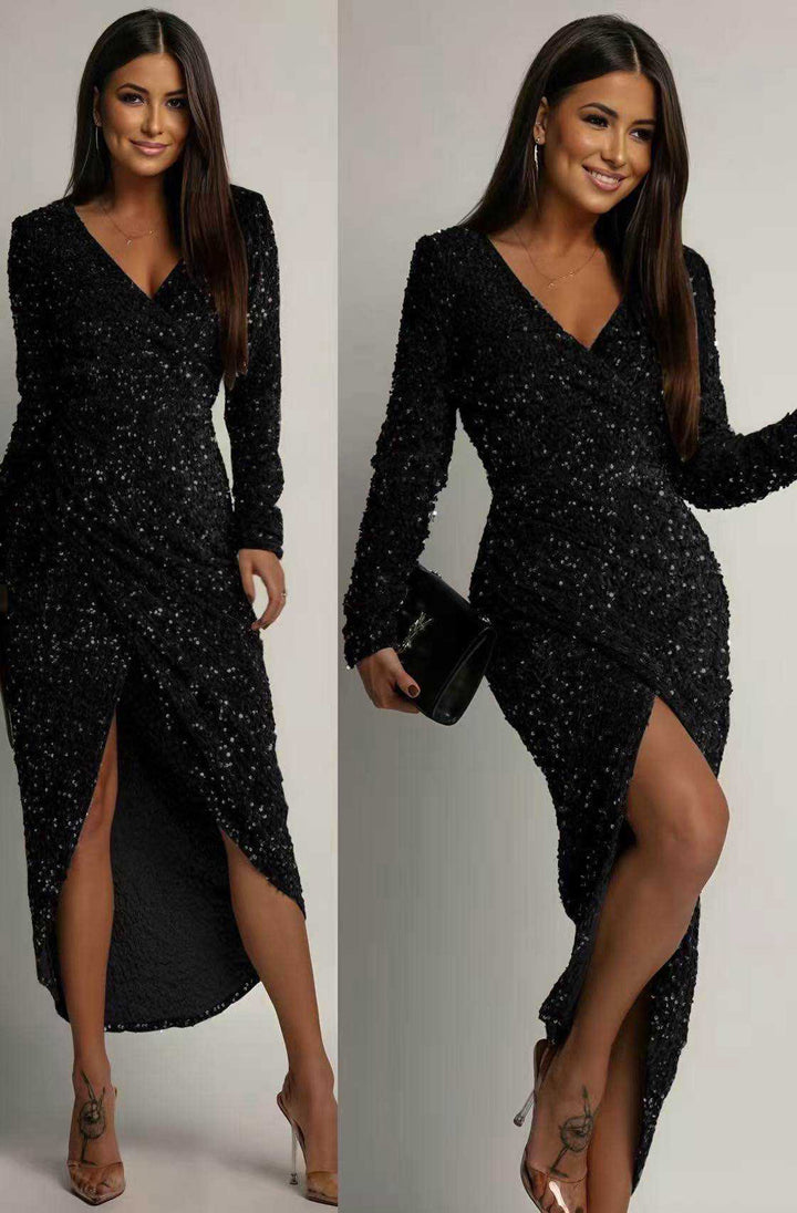 Amaris Front Slit Sequin Wrap Midaxi Dress-Black