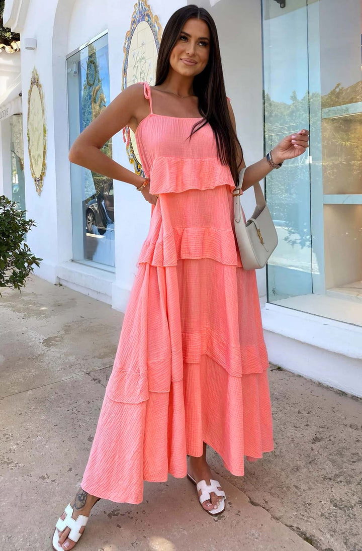 Angela Oversized Plain Tiered Maxi Dress-Coral
