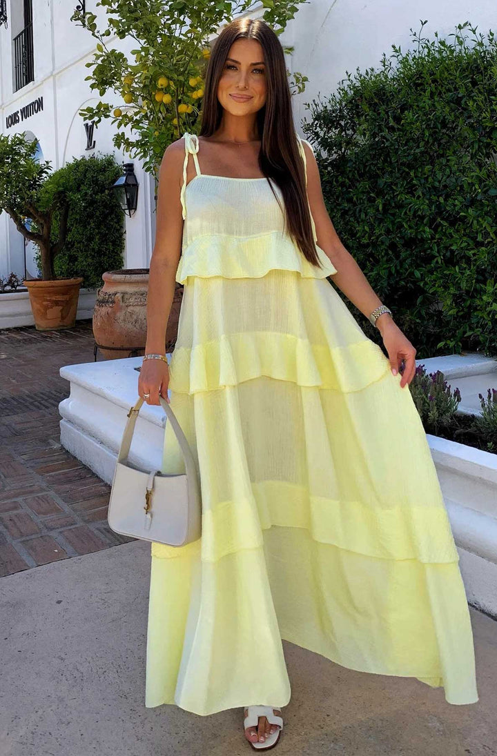 Angela Oversized Plain Tiered Maxi Dress-Yellow