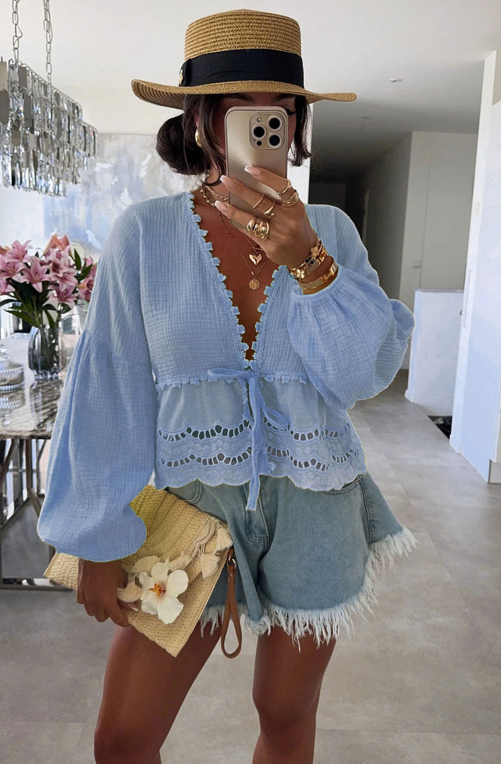 Freya Cotton Gauze Style Floral Tie-Up Top-Sky Blue