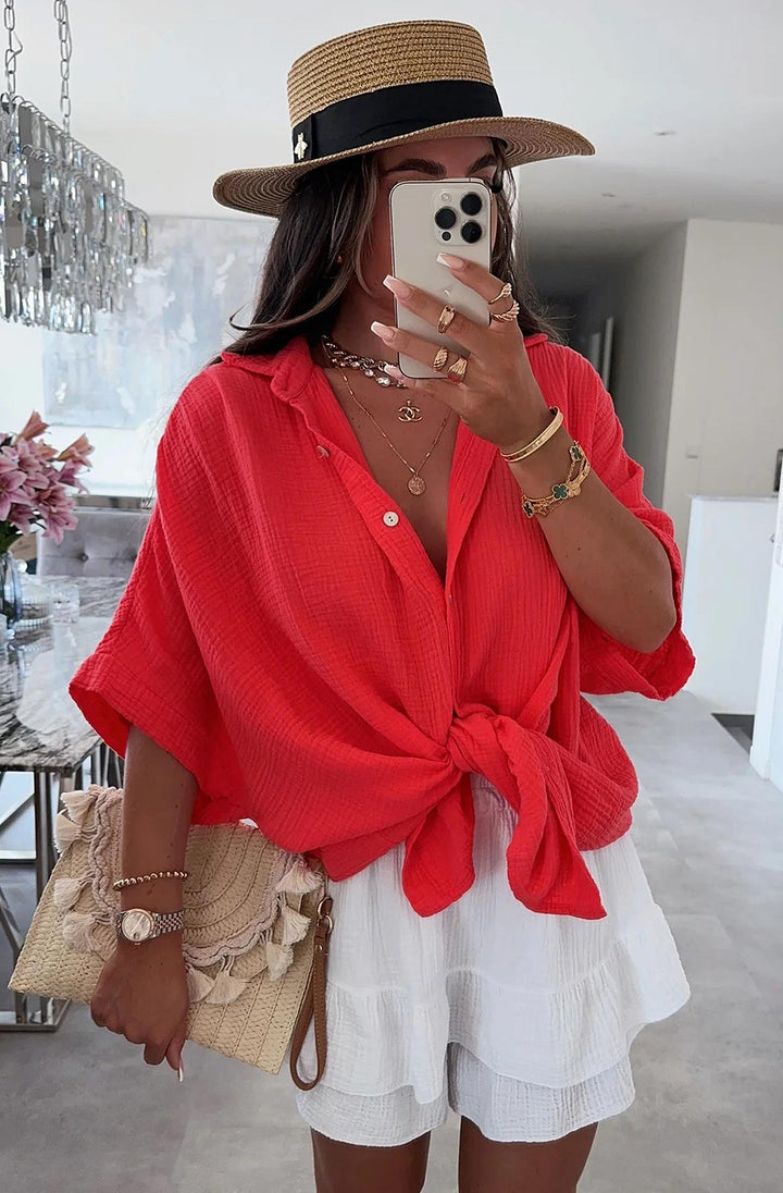 Julie Oversized Cotton Gauze Style Blouse Shirt Top-Red