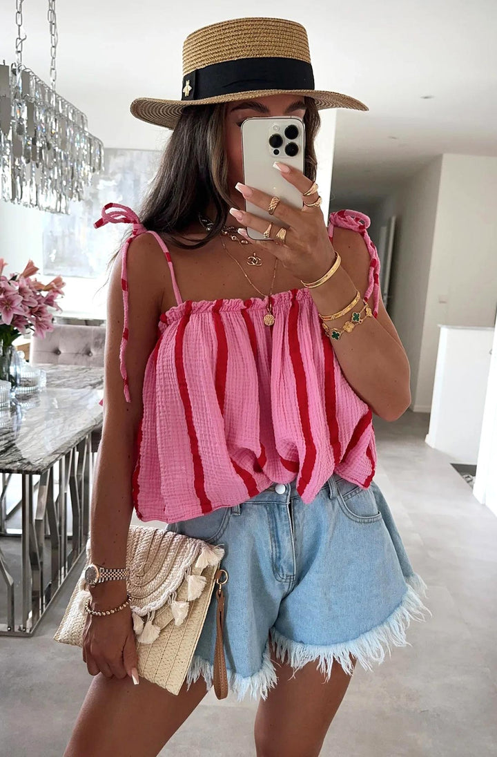 Kacie Striped Cropped Cotton Gauze Style Tie-Up Top-Pink