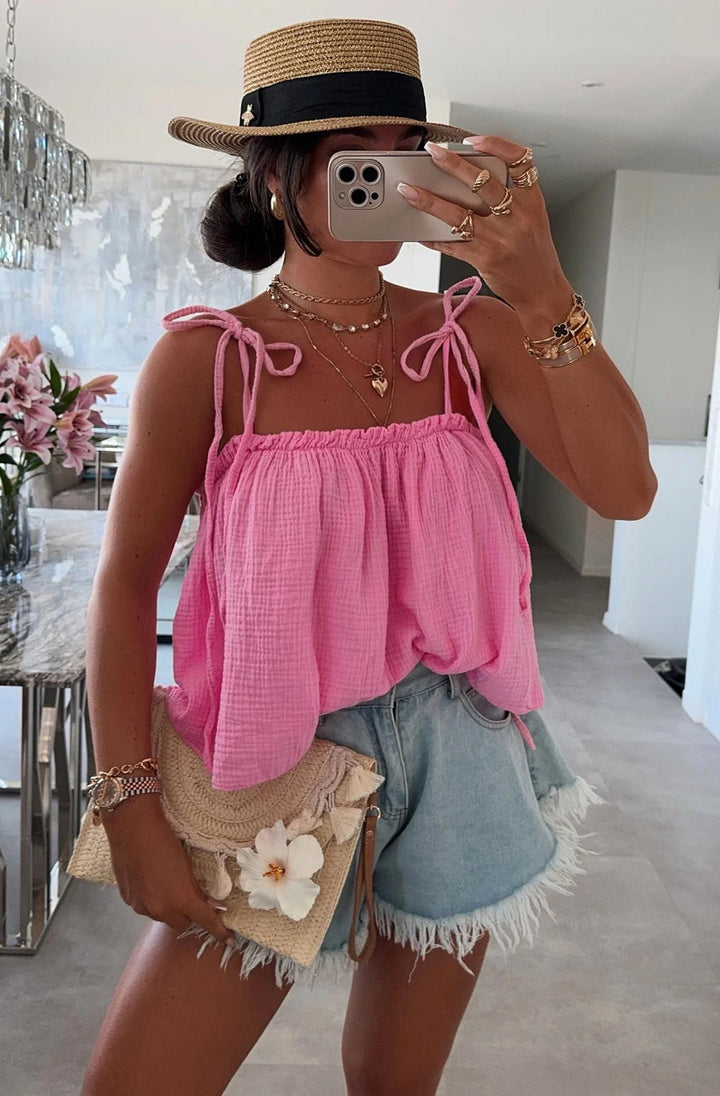 Lacie Cropped Cotton Gauze Style Tie-Up Top-Pink