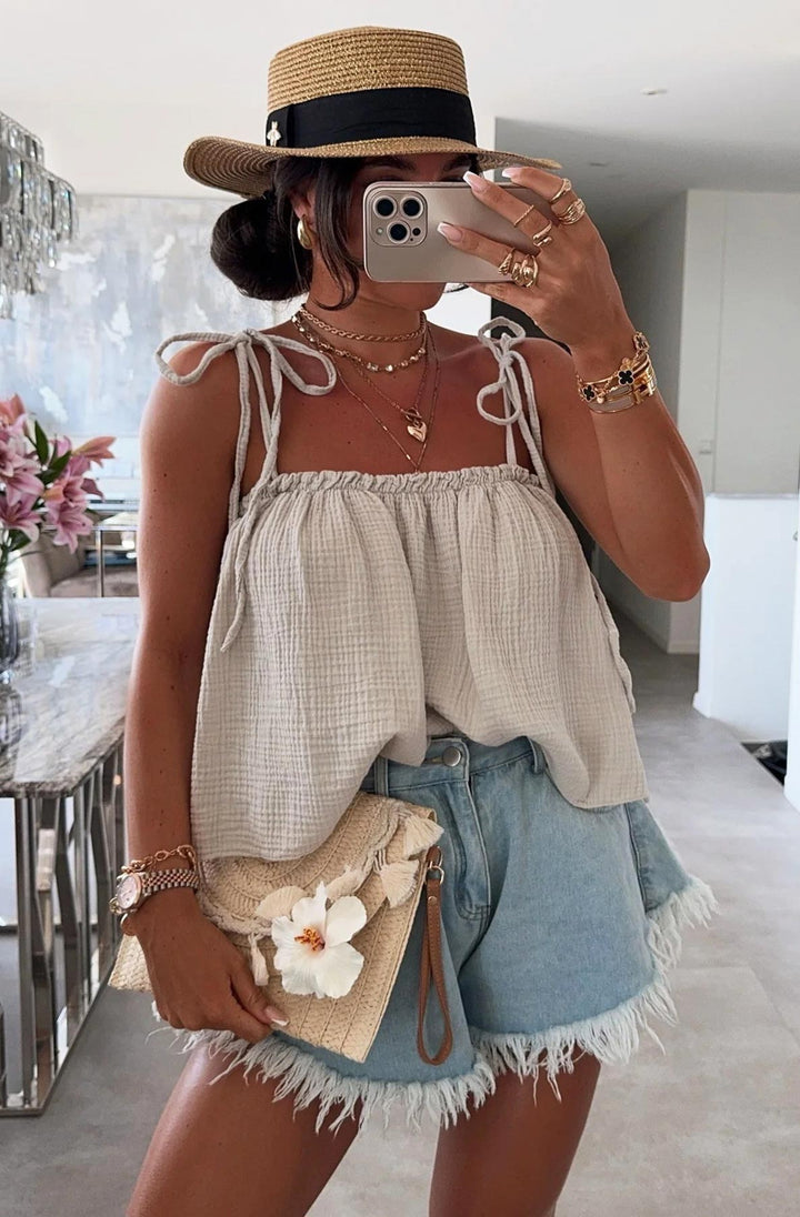 Lacie Cropped Cotton Gauze Style Tie-Up Top-Stone