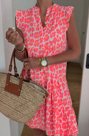 Mika Leopard Ruffle Frill Sleeve Cotton Gauze Style Smock Dress-Pink