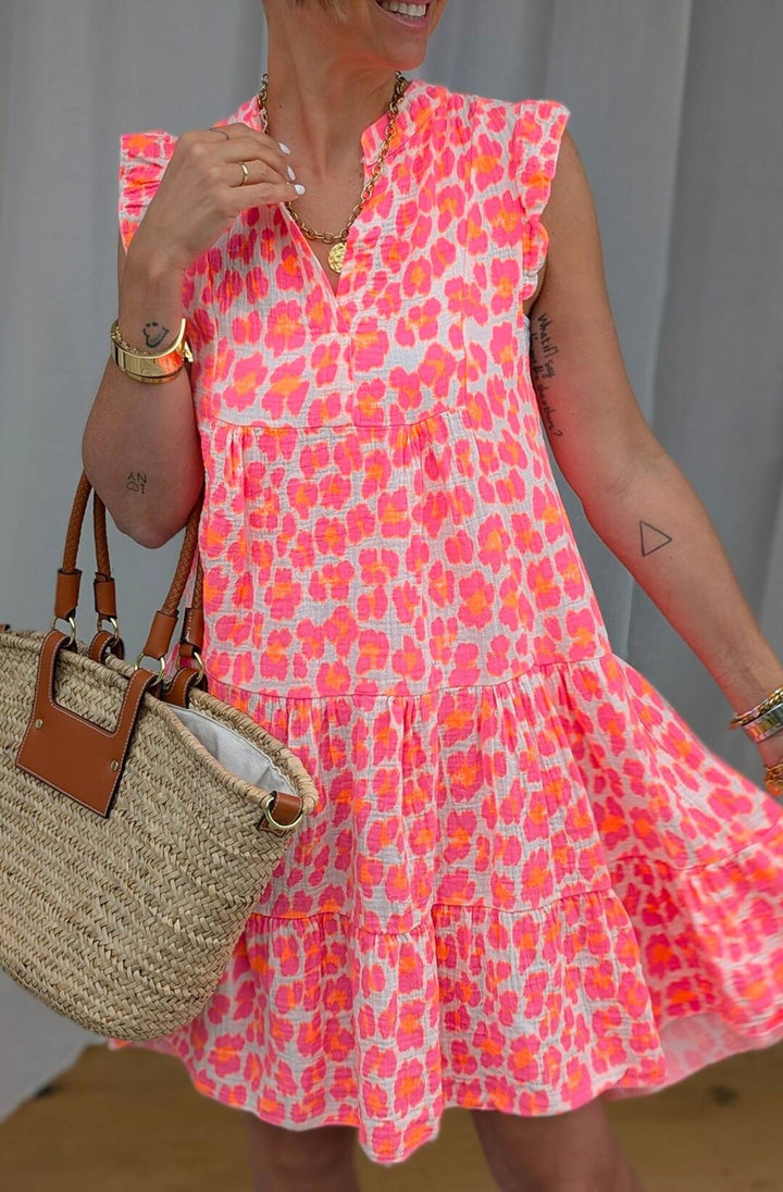 Mika Leopard Ruffle Frill Sleeve Cotton Gauze Style Smock Dress-Pink