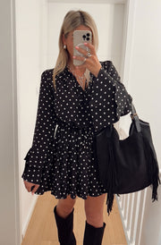 Ophilia Frill Polka Dot Mini Dress-Black