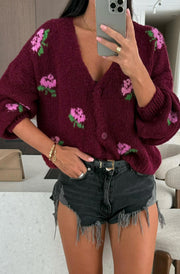 Rozie Floral Knitted Cardigan-Wine