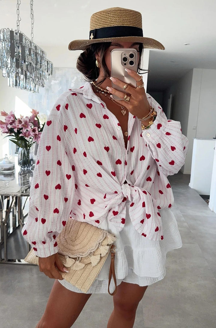 Stacey Striped Hearts Oversized Cotton Gauze Style Shirt Top-Ivory