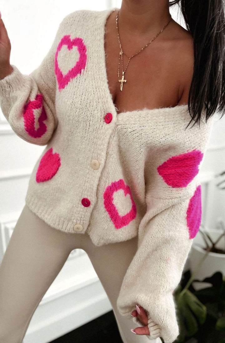 Trinnie Contrast Heart Patterned Knitted Cardigan-Beige