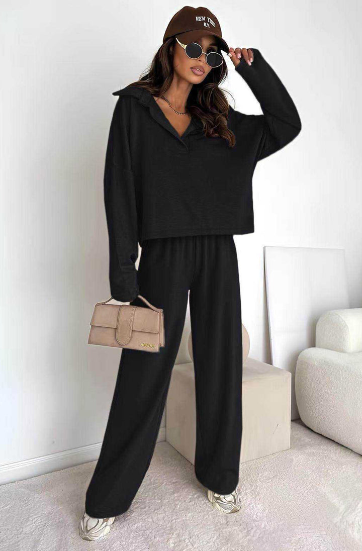 Zuma Collared Two Piece Co-Ord Loungewear Set-Black