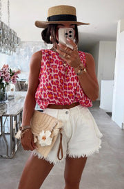 Adele Leopard Animal Cropped Cotton Gauze Style Tie-Up Top-Dark Pink