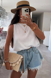 Adele Cropped Cotton Gauze Style Tie-Up Top-Ivory