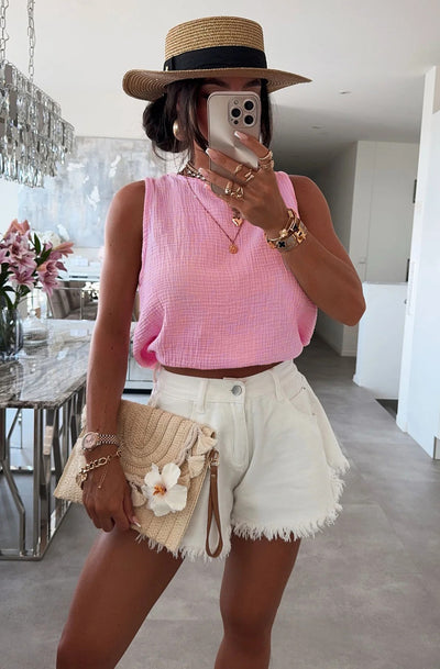 Adele Cropped Cotton Gauze Style Tie-Up Top-Pink