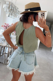 Adele Cropped Cotton Gauze Style Tie-Up Top-Sage