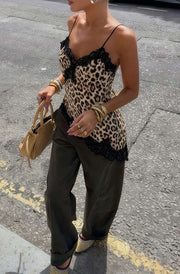 Adie Leopard Lace Trim Asymmetric Top-Brown