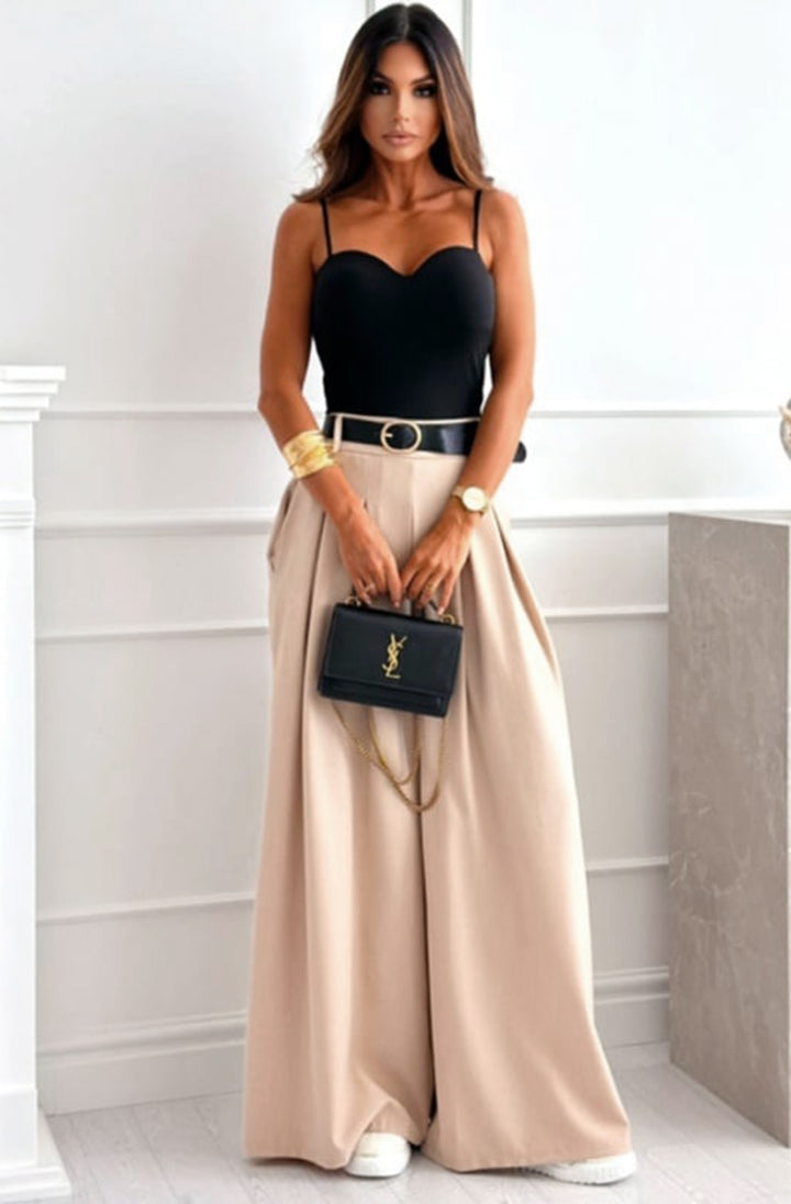 Alessia Palazzo Wide Leg Belted Trousers-Stone