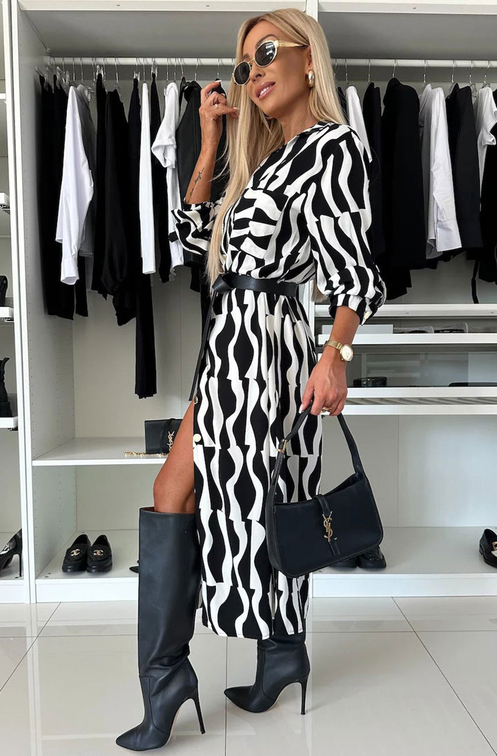 Alexia Bold Abstract Print ﻿Midaxi Shirt Dress-Black