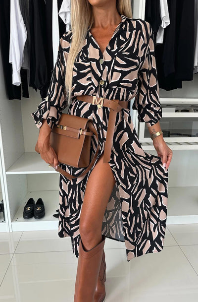 Alexia Patterned Belted Midaxi Shirt Dress-Brown
