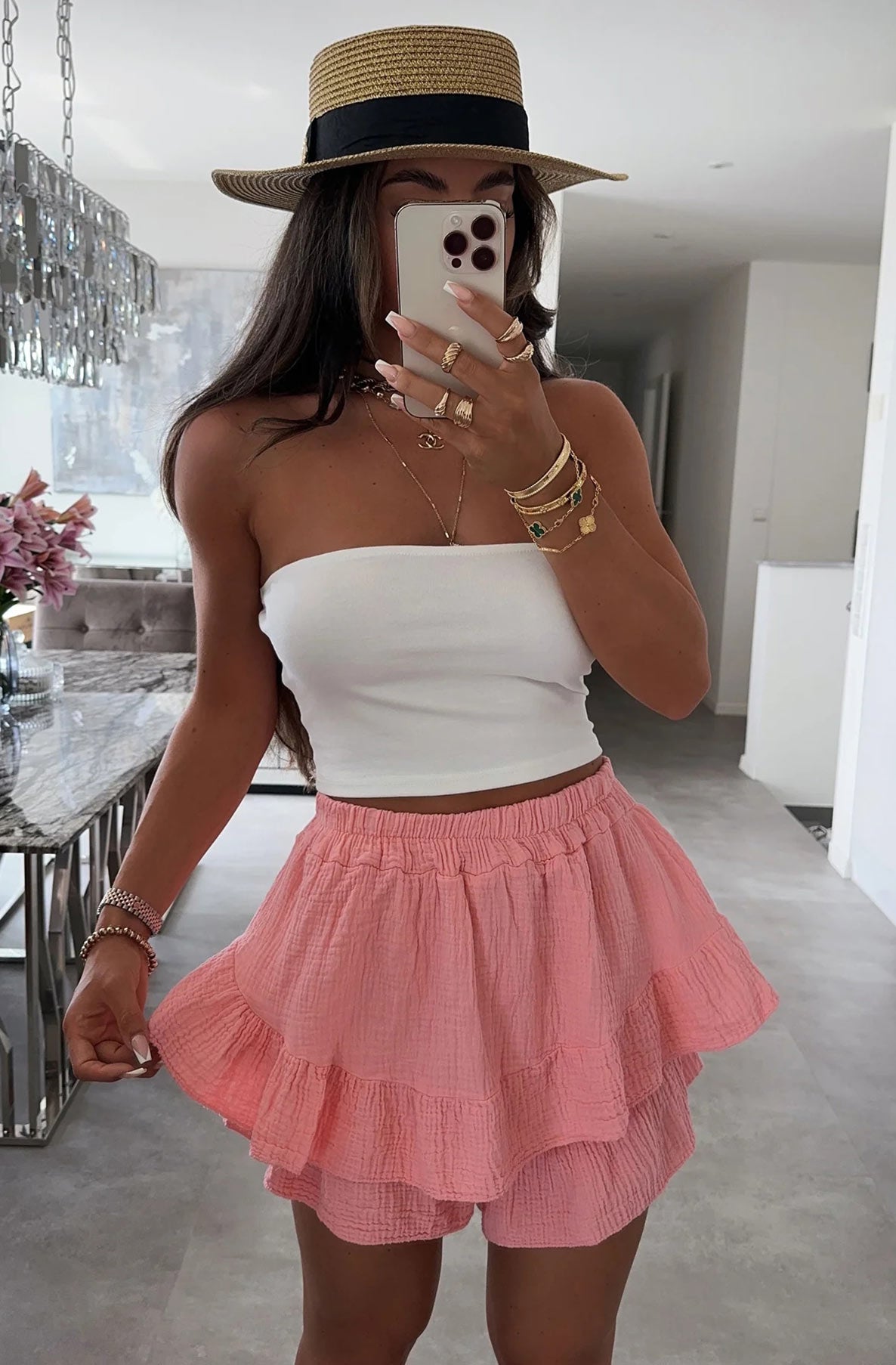 Alicia Cotton Gauze Style Frill Skort-Coral