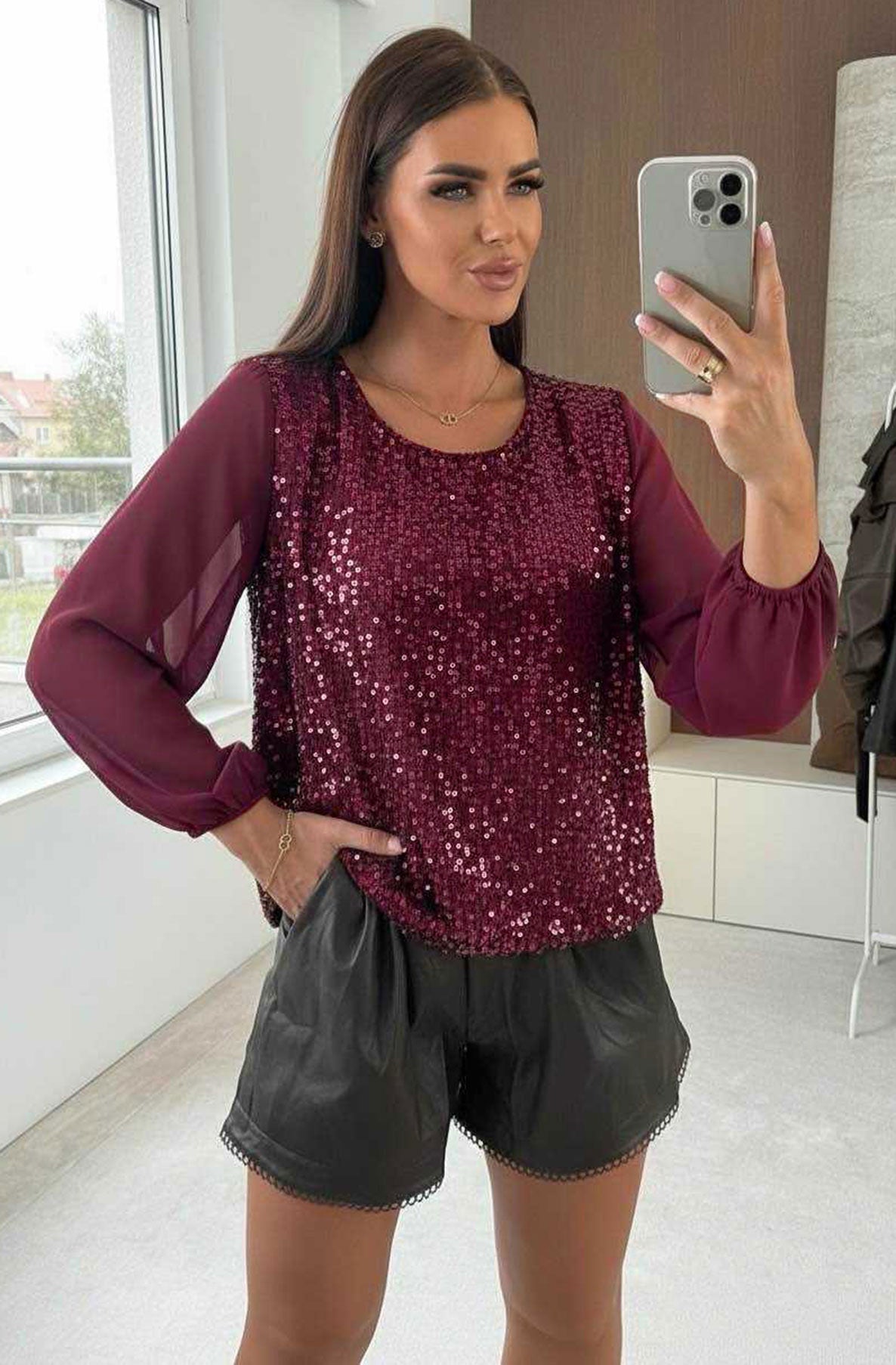 Alina Sequin Front Panel  Chiffon Blouse Top-Wine
