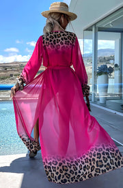 Alora Ombre Leopard Animal Beach Cover Up Wrap Maxi Dress-Hot Pink