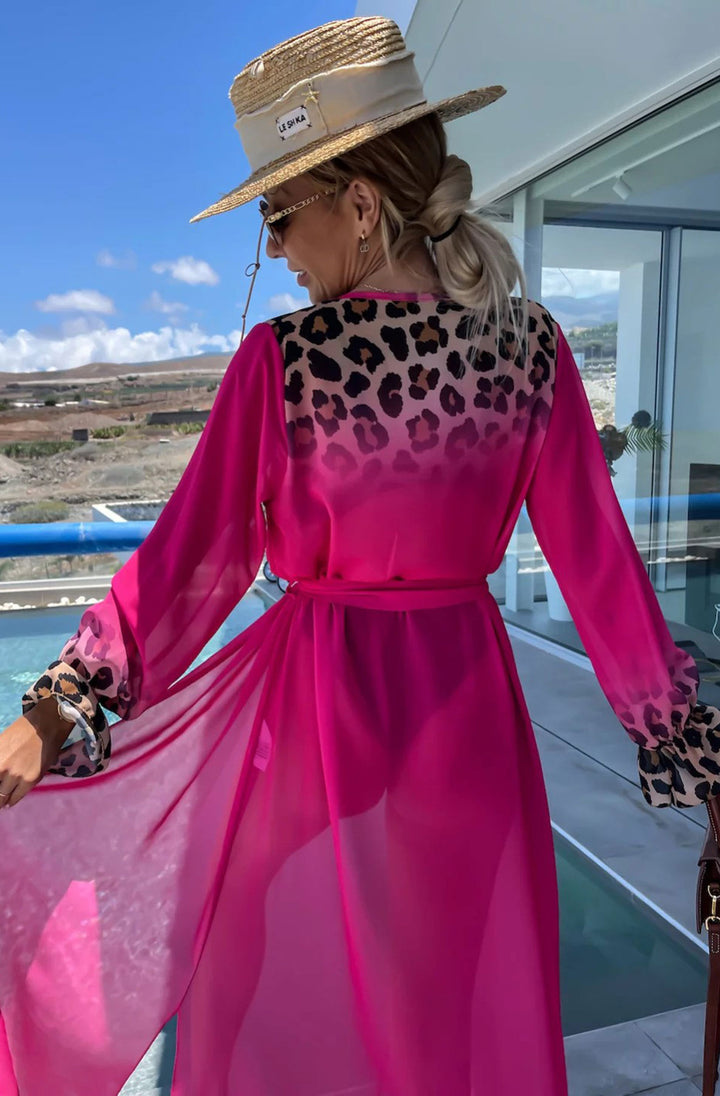 Alora Ombre Leopard Animal Beach Cover Up Wrap Maxi Dress-Hot Pink