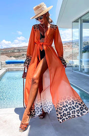 Alora Ombre Leopard Animal Beach Cover Up Wrap Maxi Dress-Orange