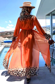 Alora Ombre Leopard Animal Beach Cover Up Wrap Maxi Dress-Orange
