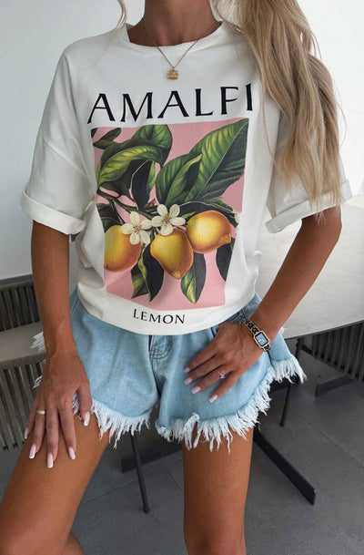 'Amalfi' Lemon Graphic Printed T. Shirt Top-Ivory