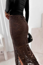 Amber Floral Lace Overlay Midaxi Skirt-Brown