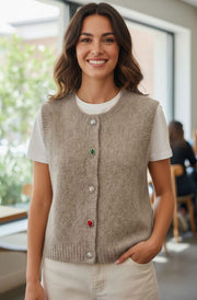 Amira Gem Button Cardigan Vest-Stone