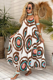 Anamika Oversized Boho Geo Print Maxi Dress-Brown
