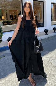 Angela Oversized Plain Tiered Maxi Dress-Black