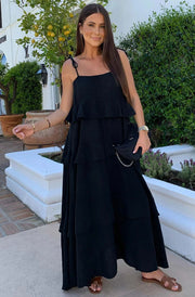Angela Oversized Plain Tiered Maxi Dress-Black