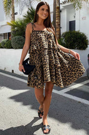 Angela Oversized Leopard Animal Print Tiered Dress-Brown