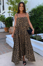 Angela Oversized Leopard Animal Print Tiered Maxi Dress-Brown