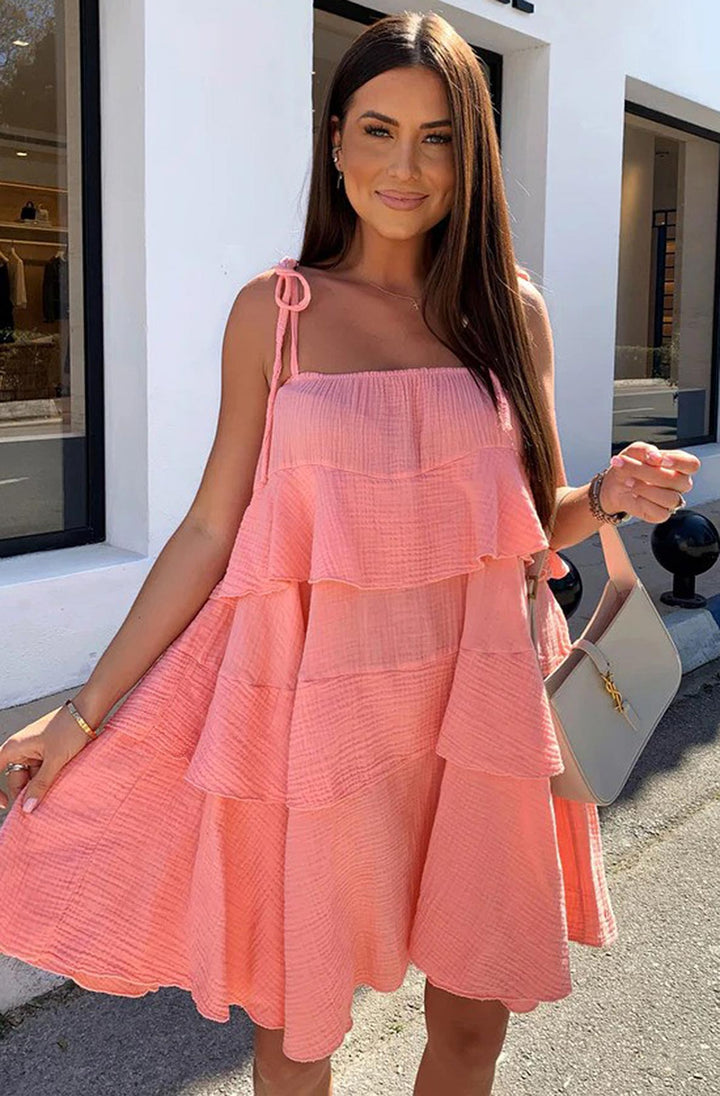 Angela Oversized Plain Tiered Dress-Coral