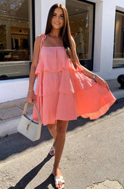 Angela Oversized Plain Tiered Dress-Coral