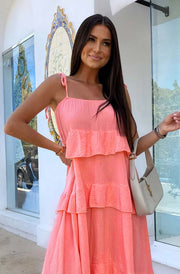 Angela Oversized Plain Tiered Maxi Dress-Coral