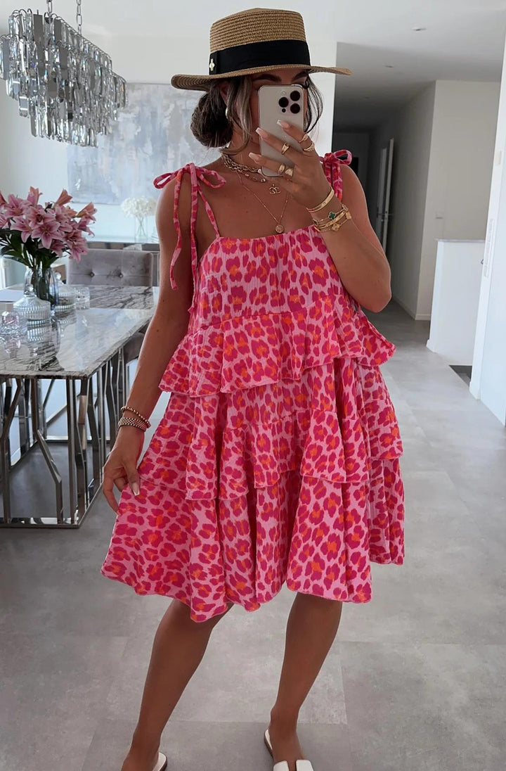 Angela Oversized Leopard Animal Print Tiered Dress-Pink