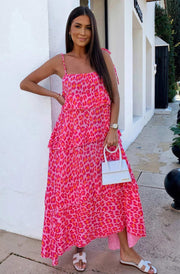 Angela Oversized Leopard Animal Print Tiered Maxi Dress-Pink