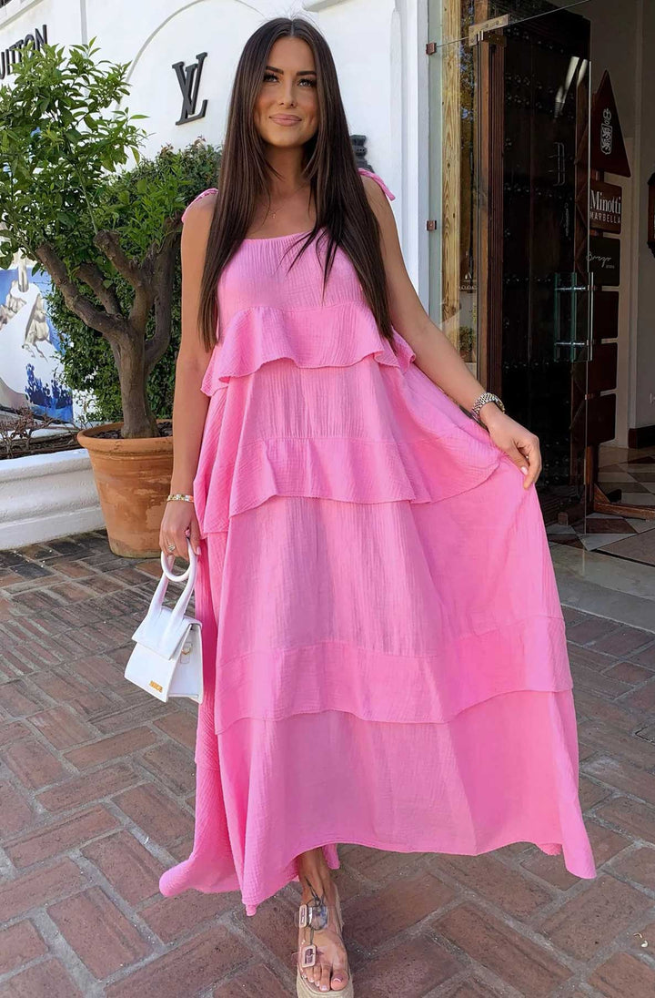 Angela Oversized Plain Tiered Maxi Dress-Pink