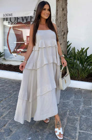 Angela Oversized Plain Tiered Maxi Dress-Stone