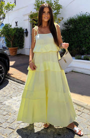 Angela Oversized Plain Tiered Maxi Dress-Yellow