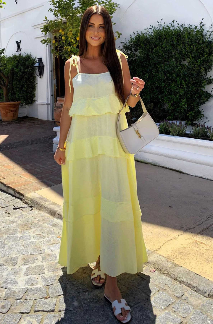 Angela Oversized Plain Tiered Maxi Dress-Yellow