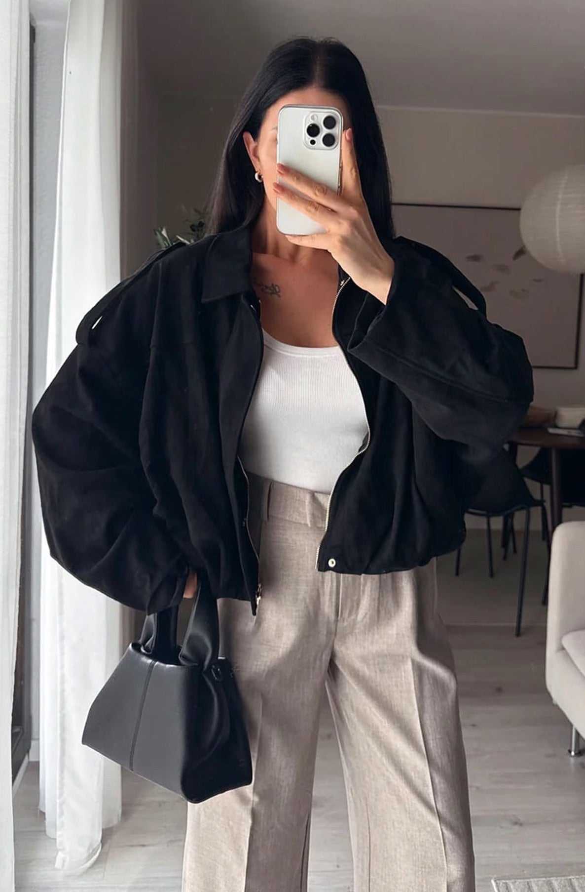 Anika Oversized Suede Bomber Jacket-Black