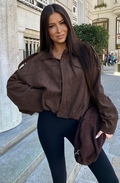 Anika Oversized Suede Bomber Jacket-Chocolate
