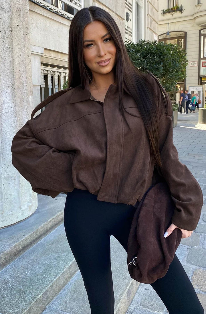Anika Oversized Suede Bomber Jacket-Chocolate