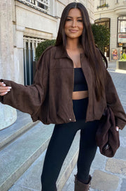 Anika Oversized Suede Bomber Jacket-Chocolate